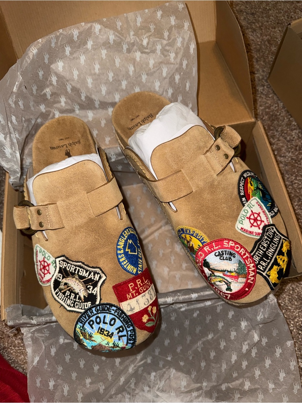 Ralph Lauren Tan Suede Slip-On Clogs with Colorful Embroidered Patches